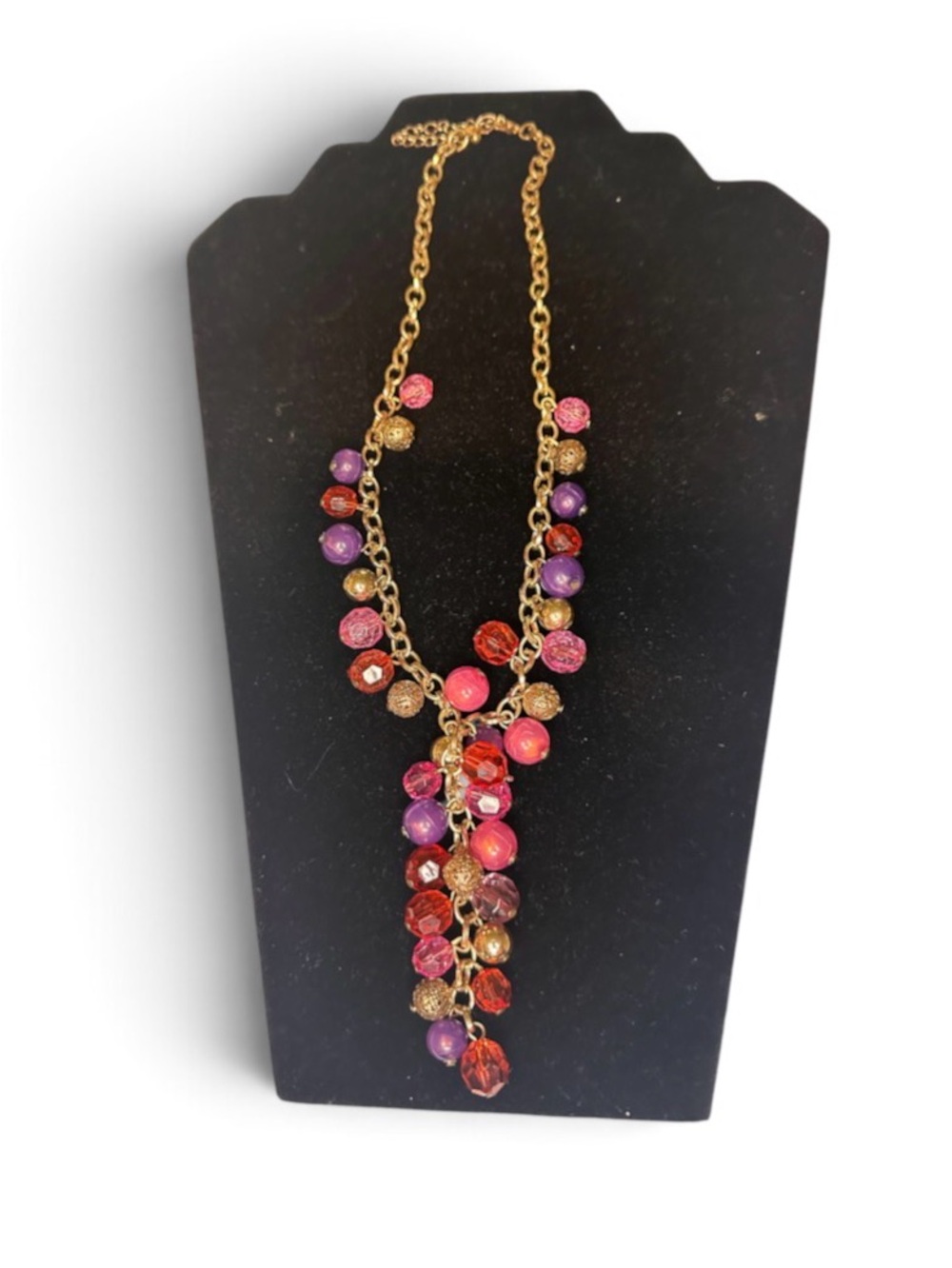 Gold-Tone Multi-Bead Drop Necklace in Pink & Purple